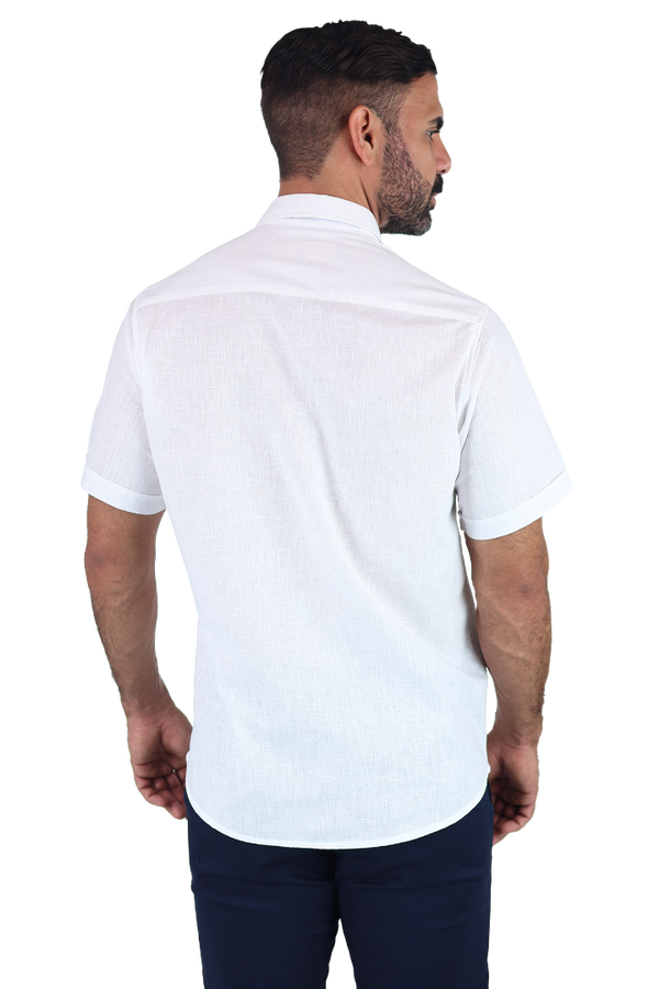 Camisa Tipo Guayabera Slim Fit Blanca Manga Corta Look Lino Para Hombre
